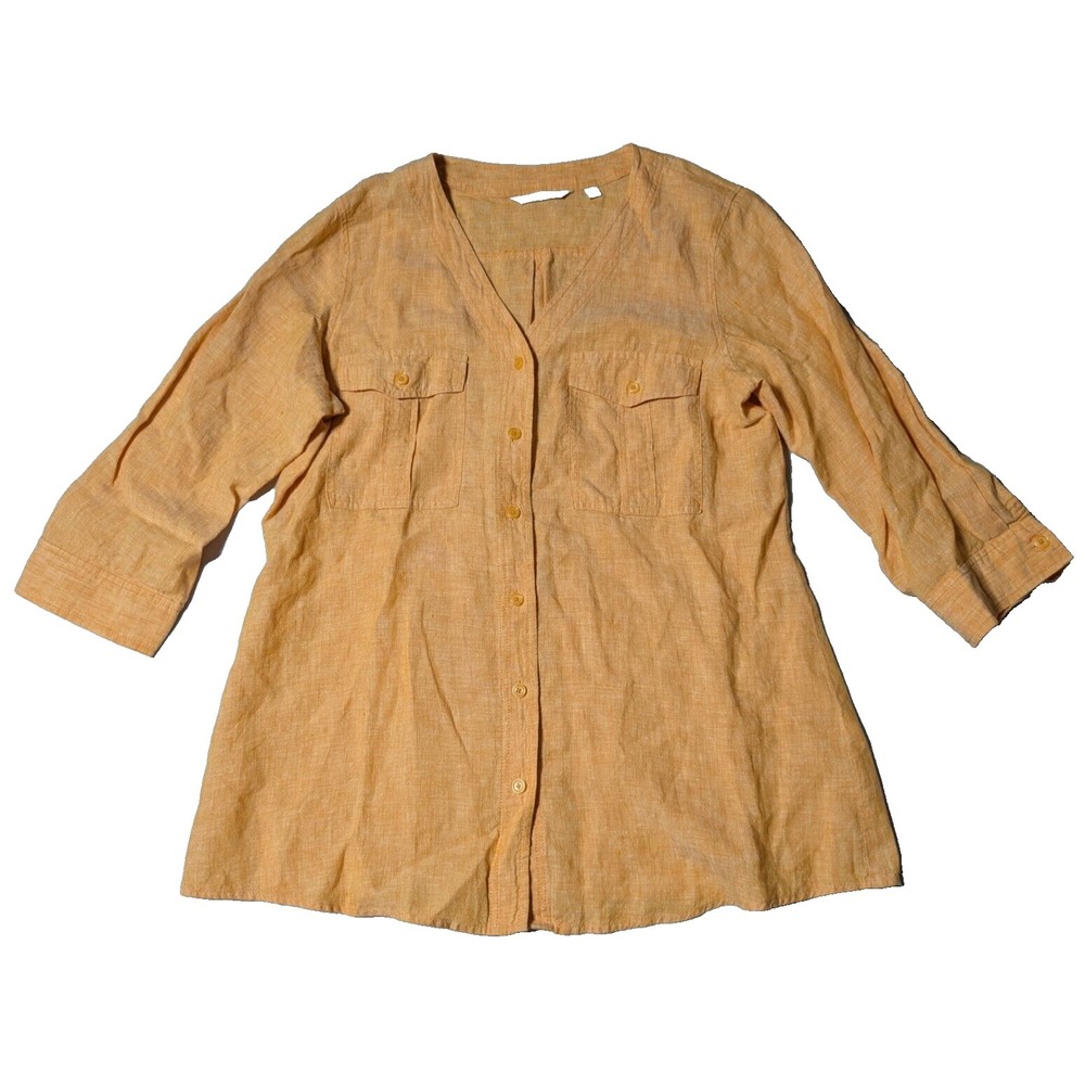 ORVIS LINEN Women Medium Orange  V-Neck 3/4 Sleeves Button-Up Shirt